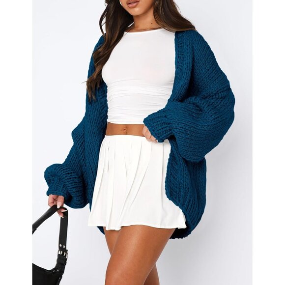 Womens Trendy Cardigan Sweaters Dark Blue Long Sleeve Chunky Knit Outfits - Picture 5 of 8